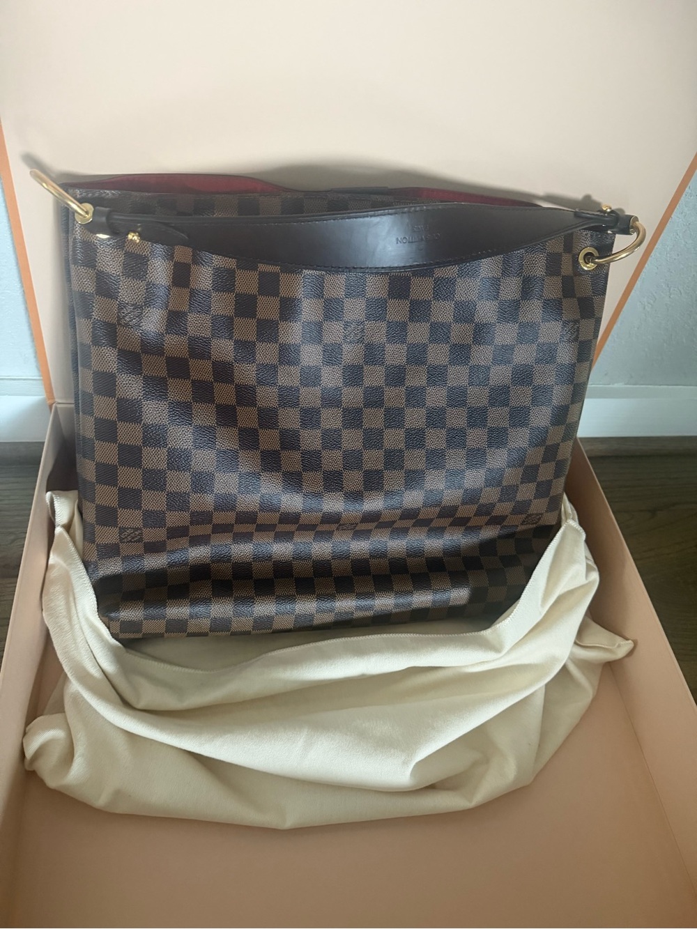 Louis Vuitton Damier Ebene Shoulder Bag with Red Interior